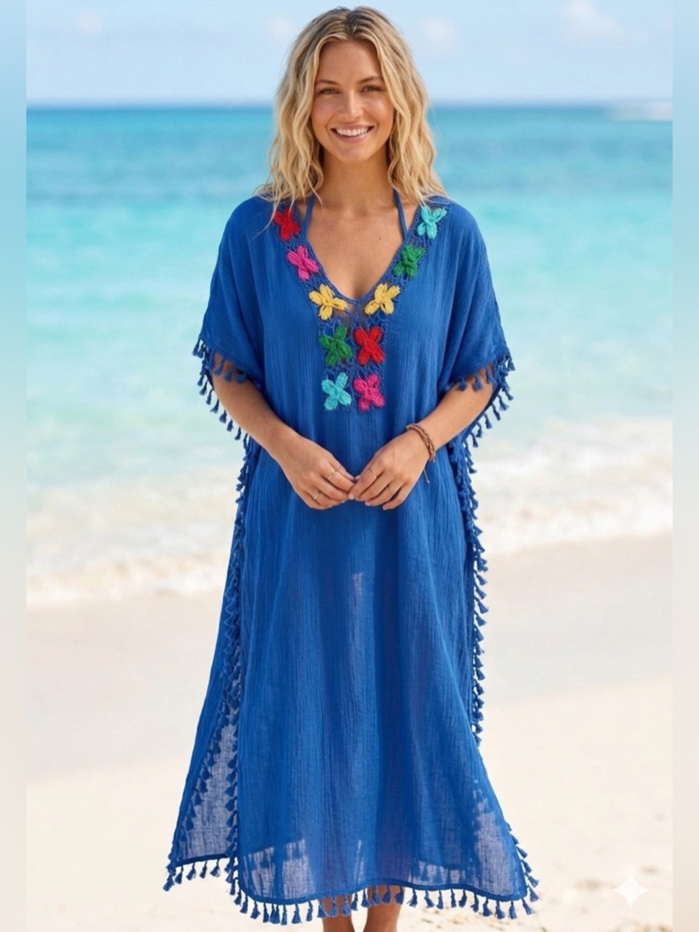 Blue Kaftan beach coverup with Colorful Floral Embroidery and tassels